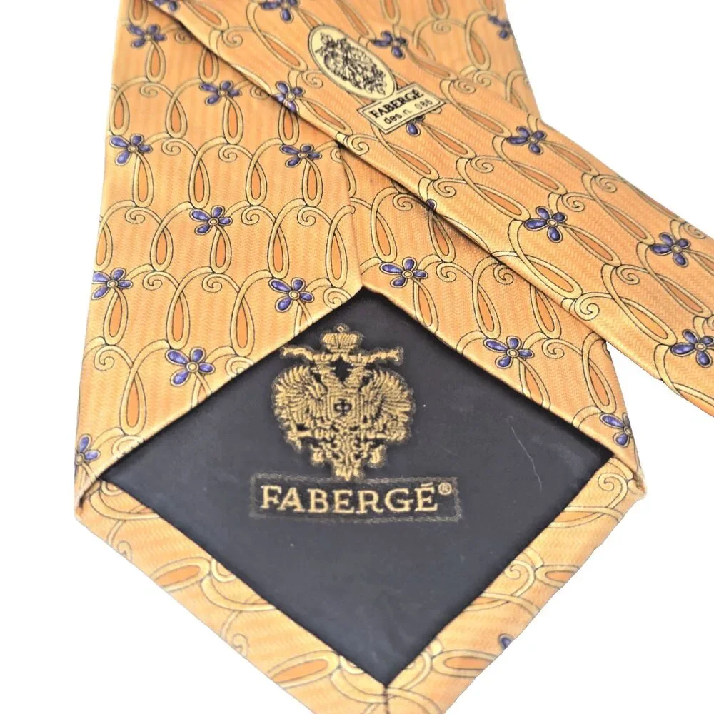 Faberge 100% Silk Tie D No. 086 Handmade in USA‎ Gold & Orange with Blue Flowers